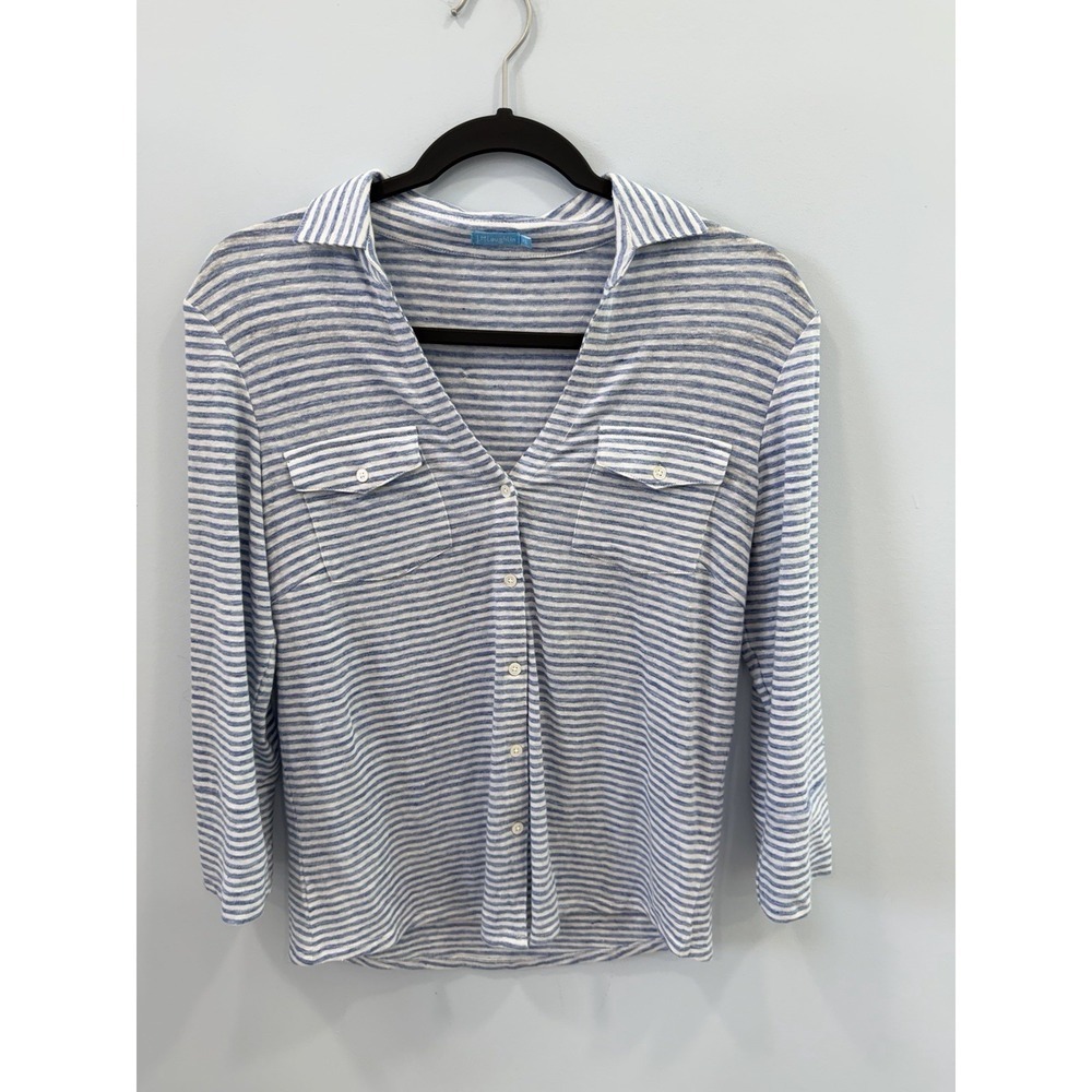 J McLaughlin Blue White Striped Linen Stretch XS Coastal Casual Top Preppy
